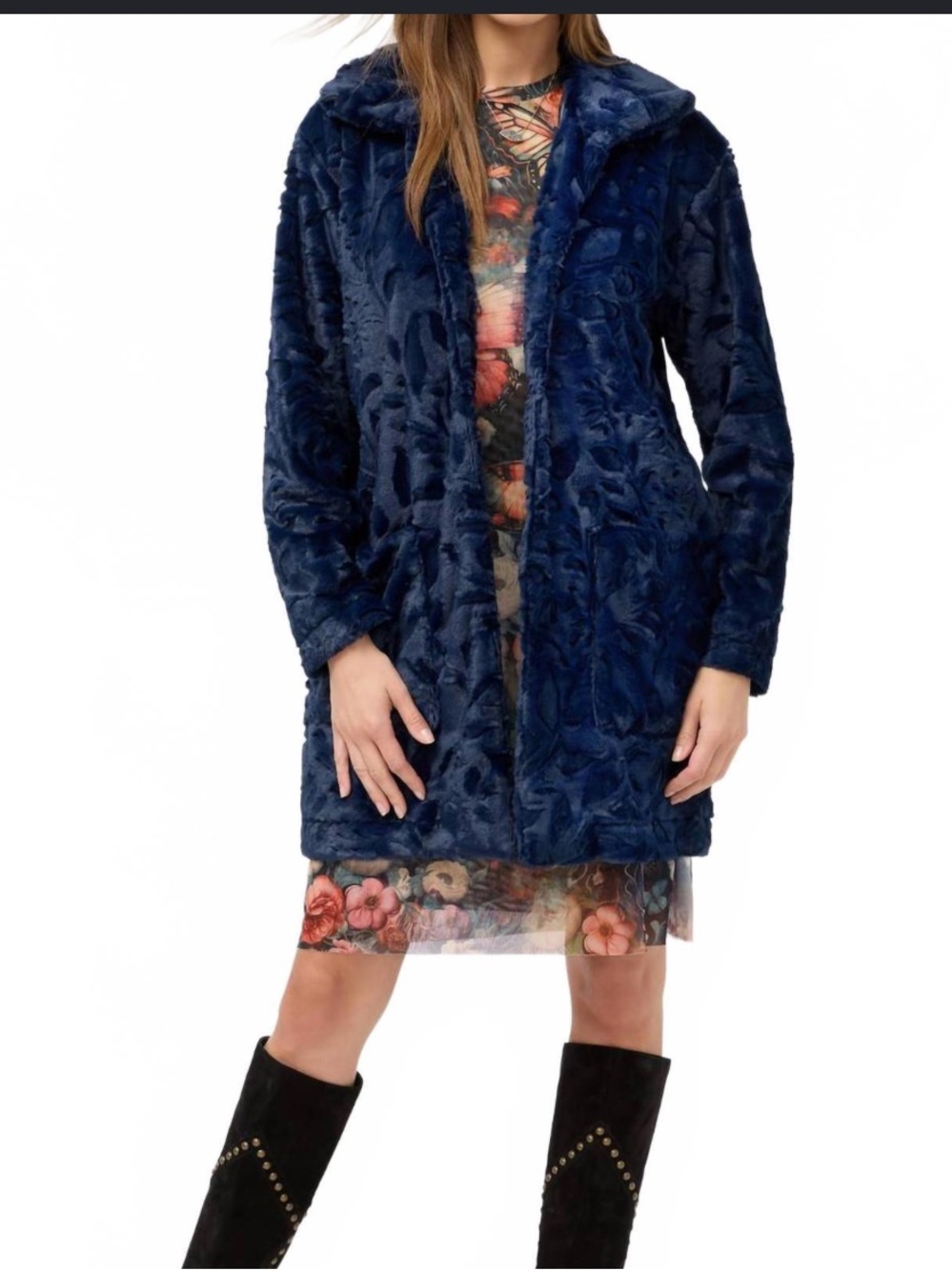 Johnny Was Navy Blue faux fur coat jacket size XL